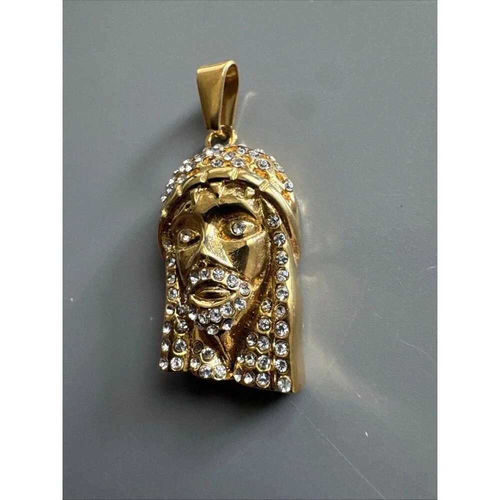 Jesus Christ Head Face Pendant Gold Plated Cubic Zirconia Stainless Steel 24”